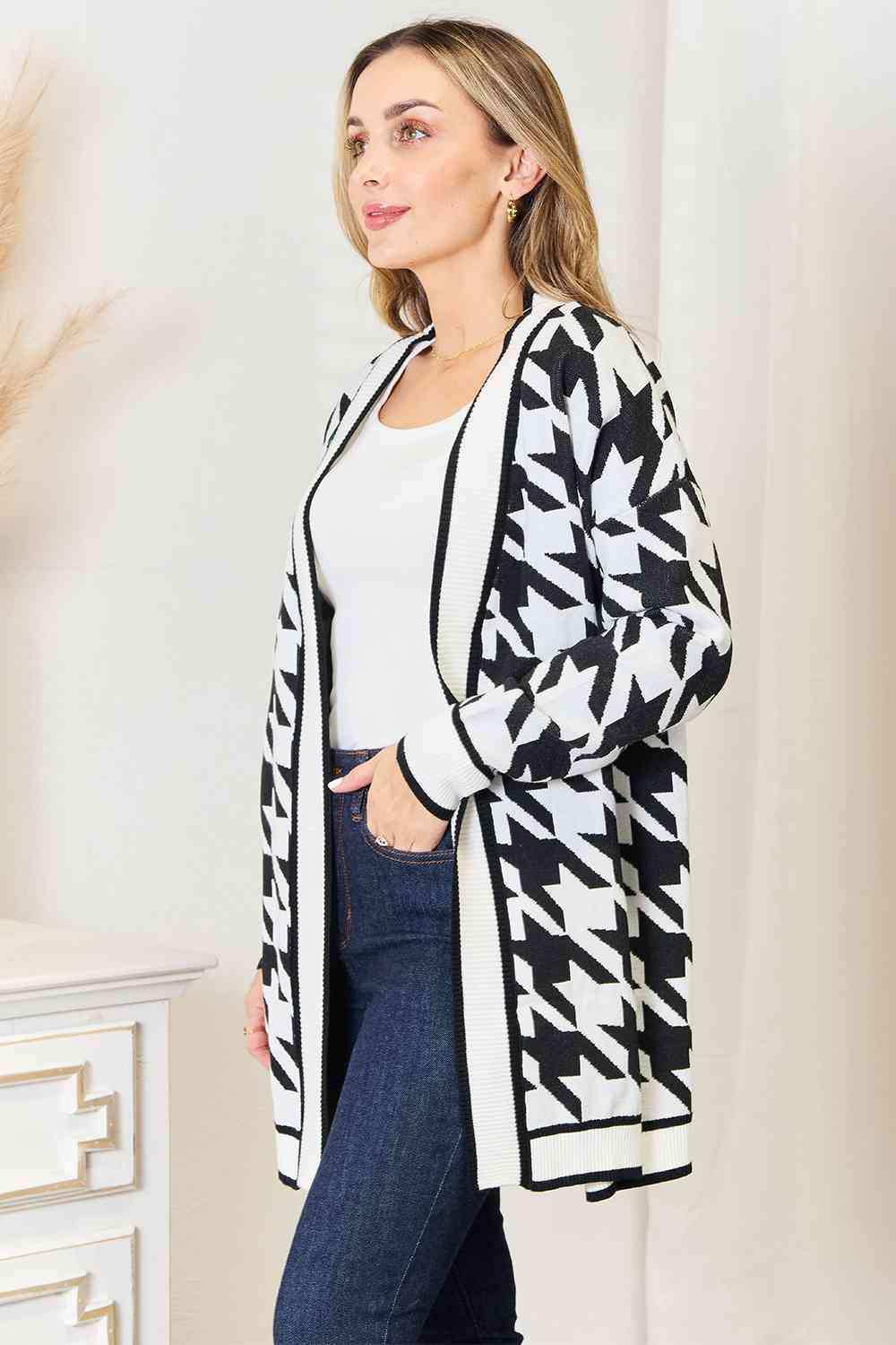 Woven Right Houndstooth Open Front Longline Cardigan - Trendsi - Flyclothing LLC