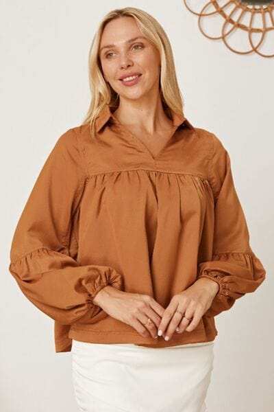 Balloon Sleeve Collared Neck Blouse - Trendsi - Flyclothing LLC
