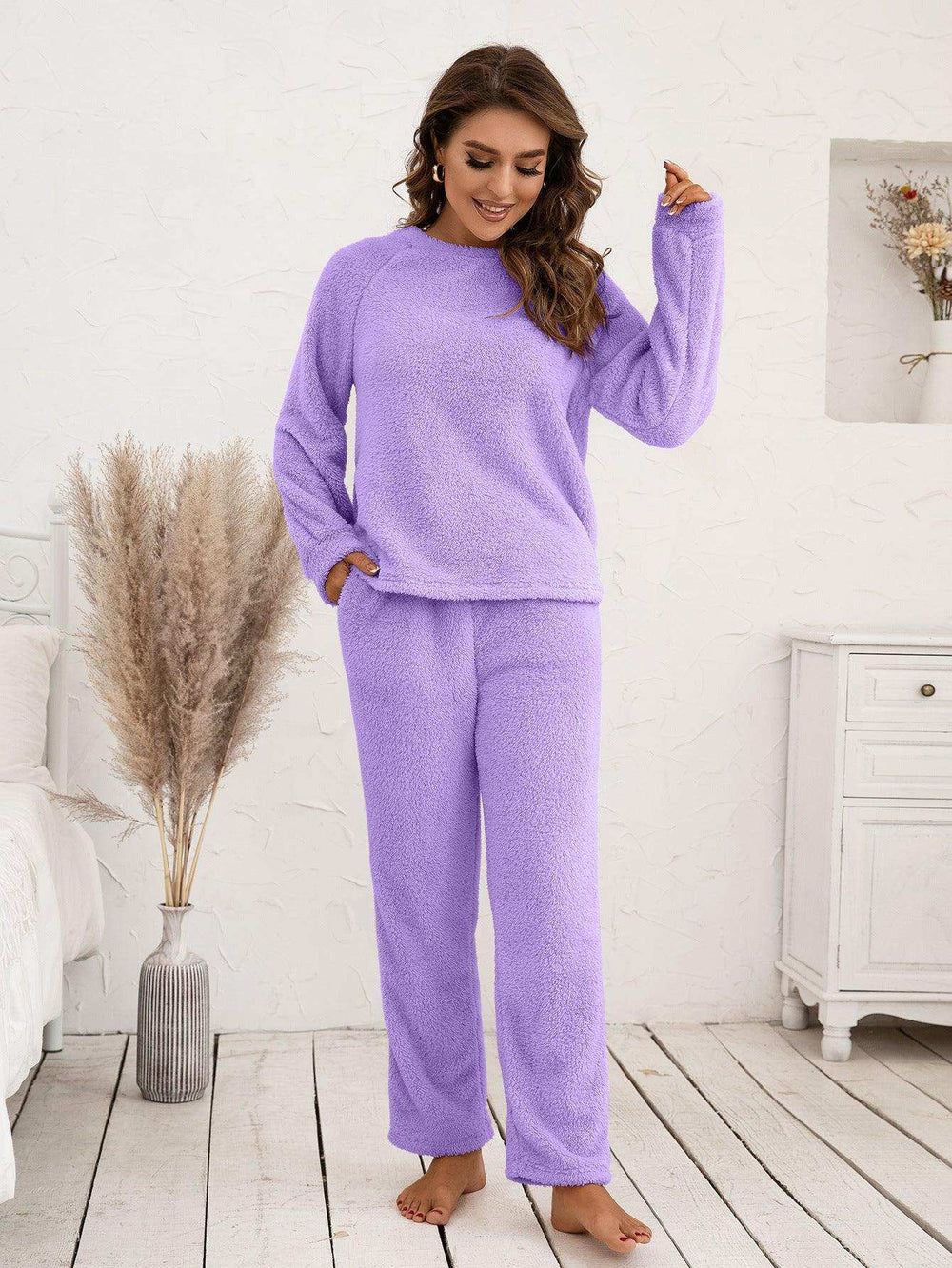 Teddy Long Sleeve Top and Pants Lounge Set - Trendsi - Flyclothing LLC