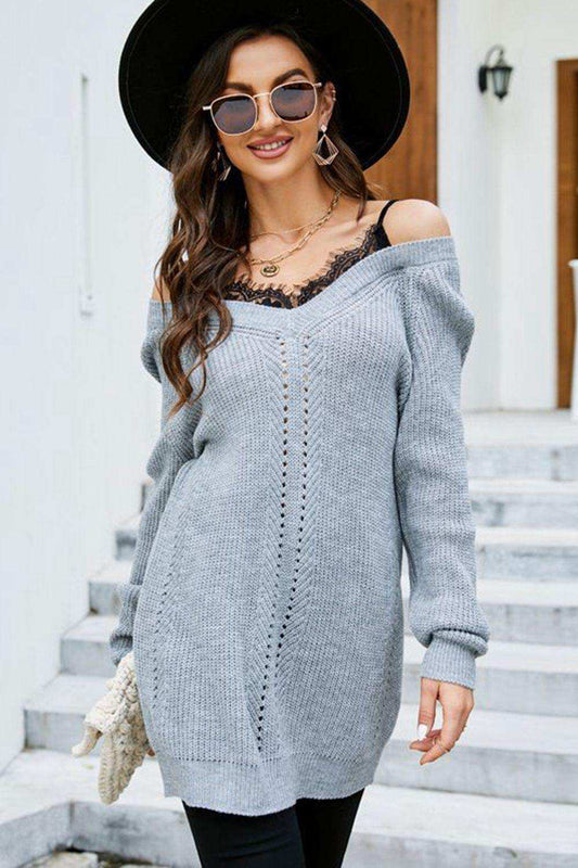 Openwork V-Neck Long Sleeve Sweater - Trendsi - Flyclothing LLC