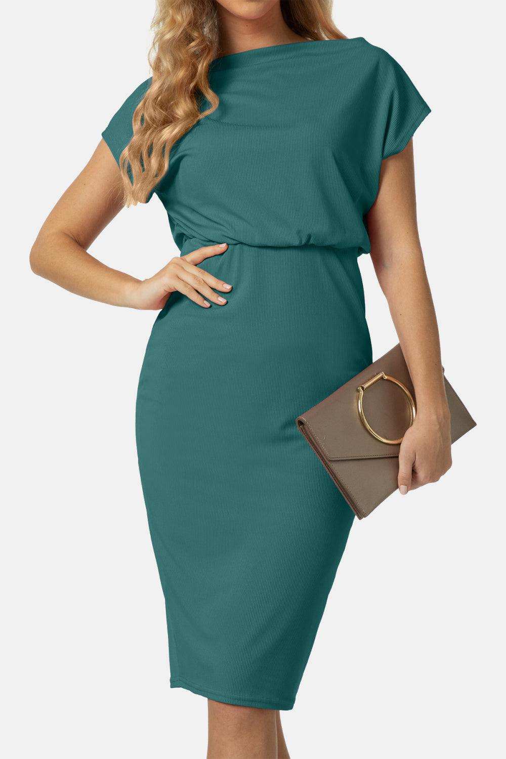 Boat Neck Short Sleeve Knee-Length Dress - Trendsi - Flyclothing LLC