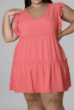 Plus Size V-Neck Frill Trim Mini Dress - Trendsi - Flyclothing LLC