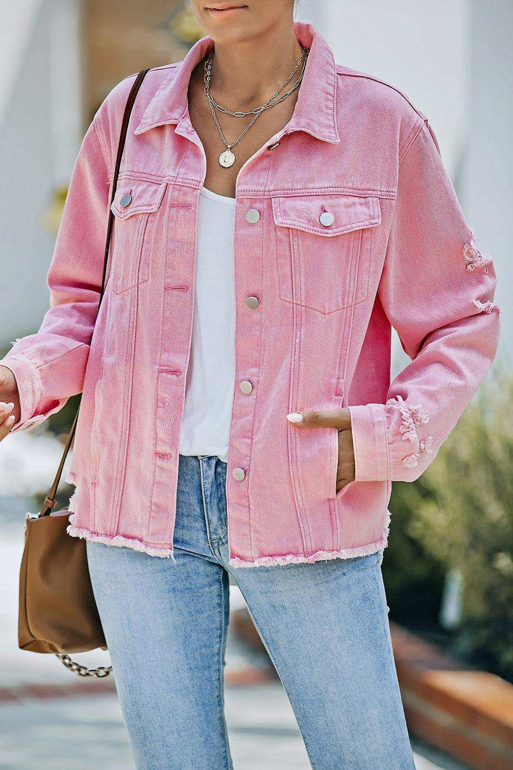 Distressed Raw Hem Denim Jacket - Trendsi - Flyclothing LLC