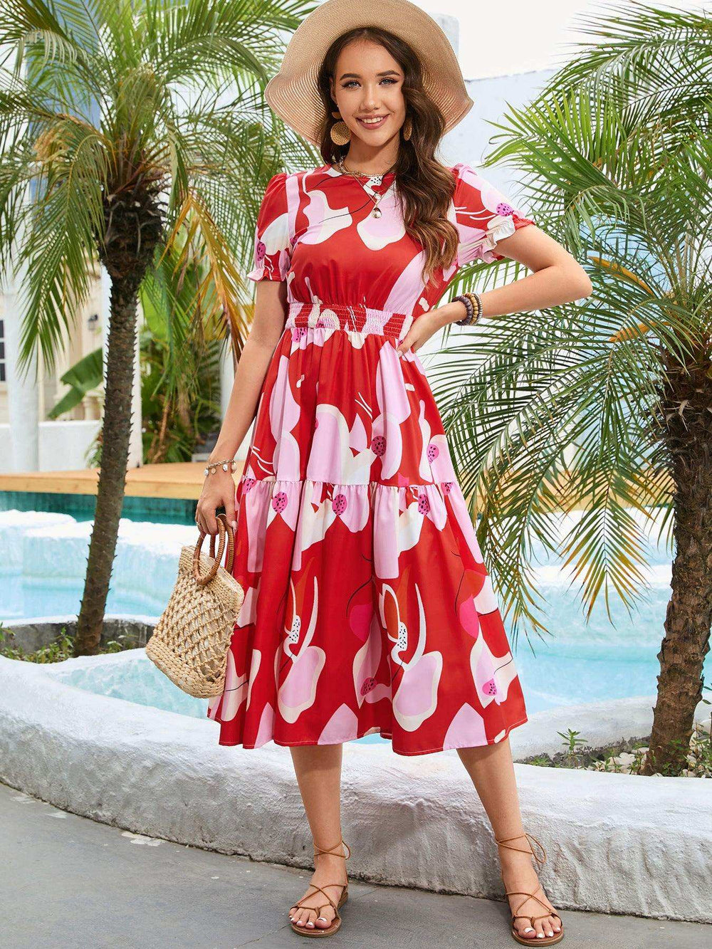 Printed Round Neck Flounce Sleeve Midi Dress - Trendsi - Flyclothing LLC