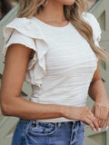 Textured Ruffled Round Neck T-Shirt - Trendsi - Flyclothing LLC