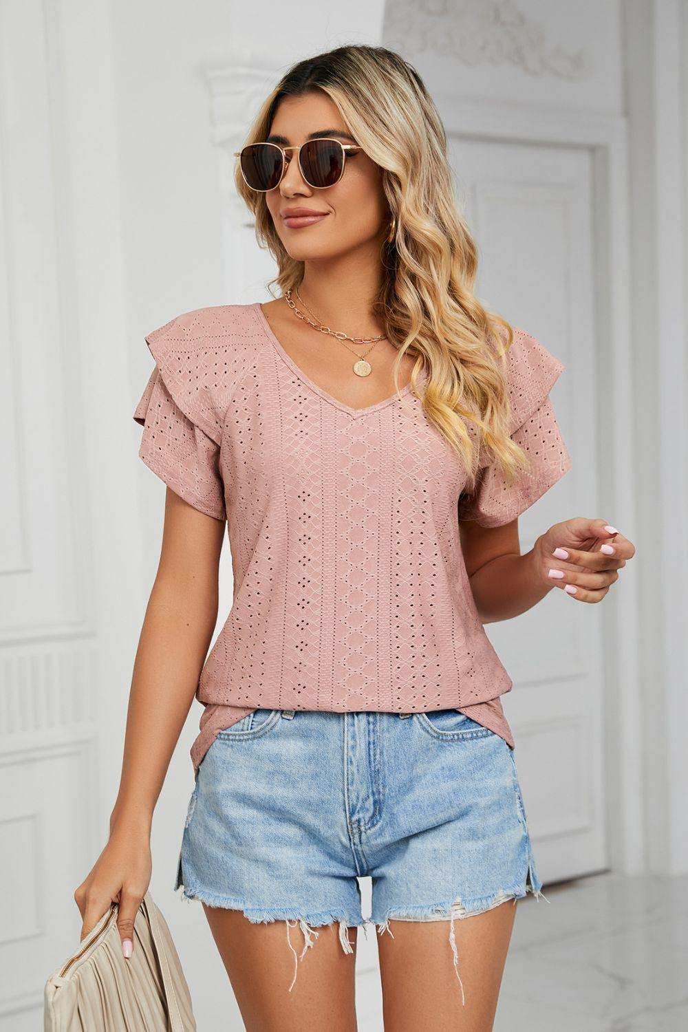 Eyelet Layered Flutter Sleeve V-Neck Knit Top - Trendsi - Flyclothing LLC