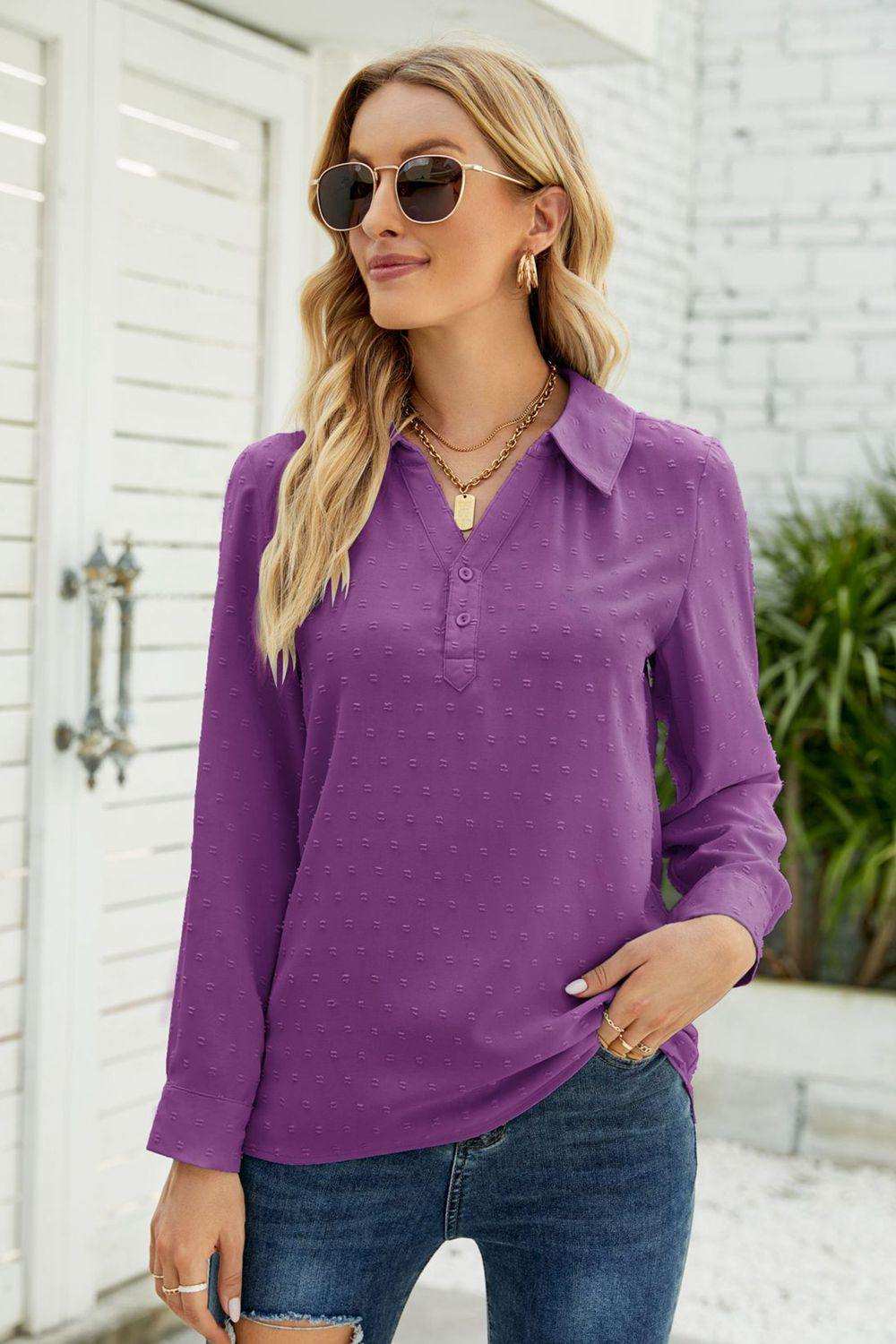 Swiss Dot Johnny Collar Blouse - Trendsi - Flyclothing LLC
