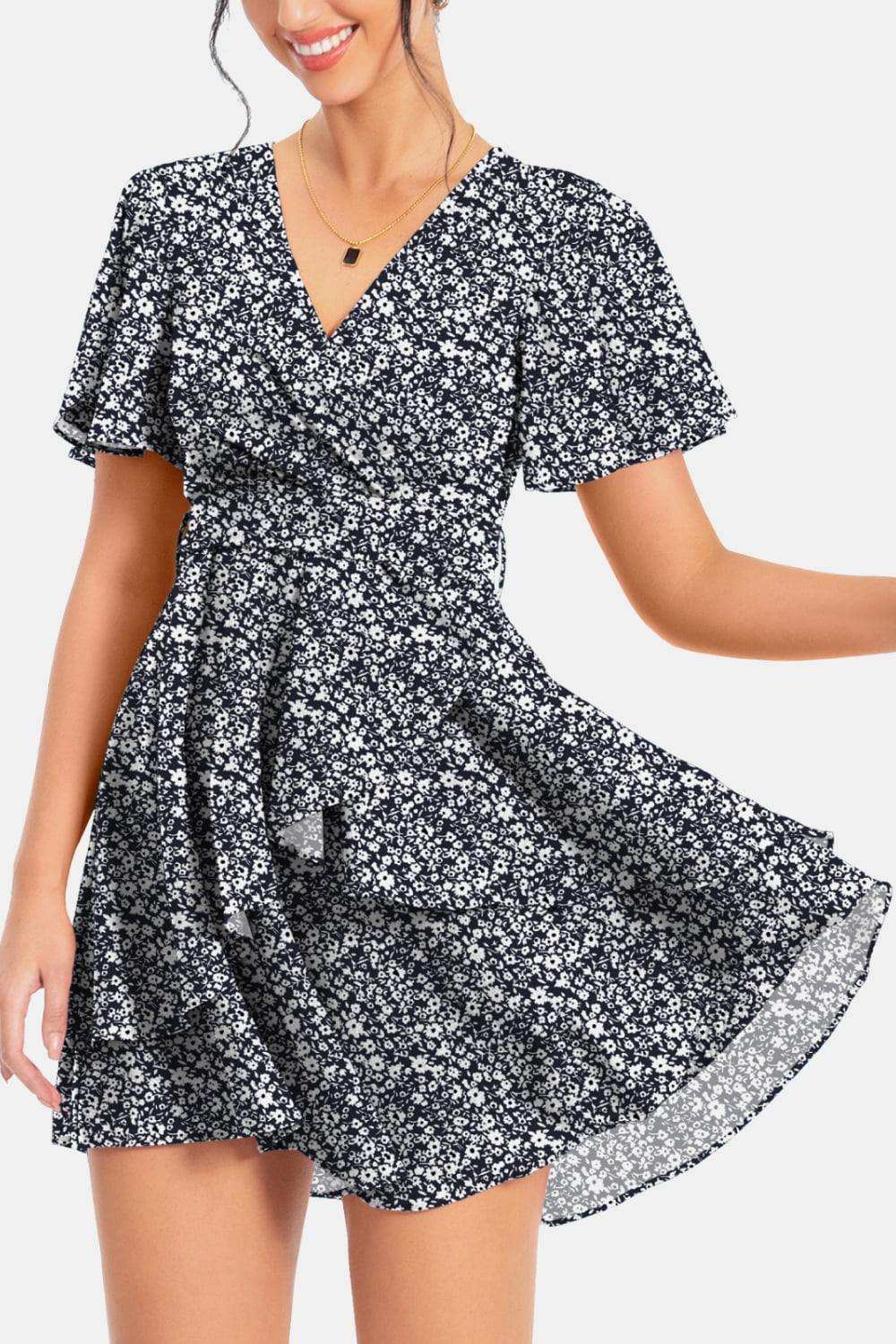 Surplice Neck Flutter Sleeve Dress - Trendsi - Flyclothing LLC