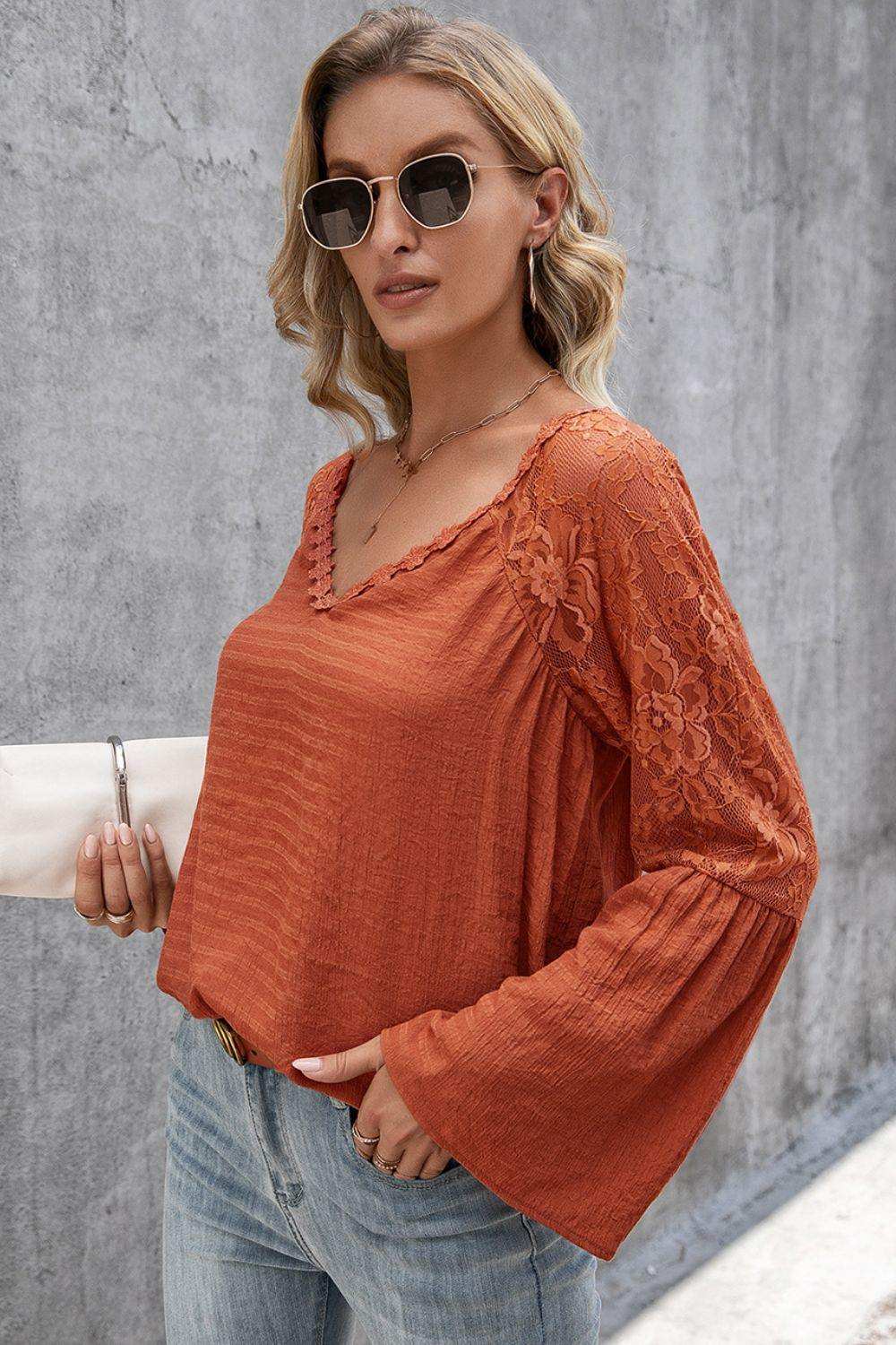 V-Neck Spliced Lace Flare Sleeve Top - Trendsi - Flyclothing LLC