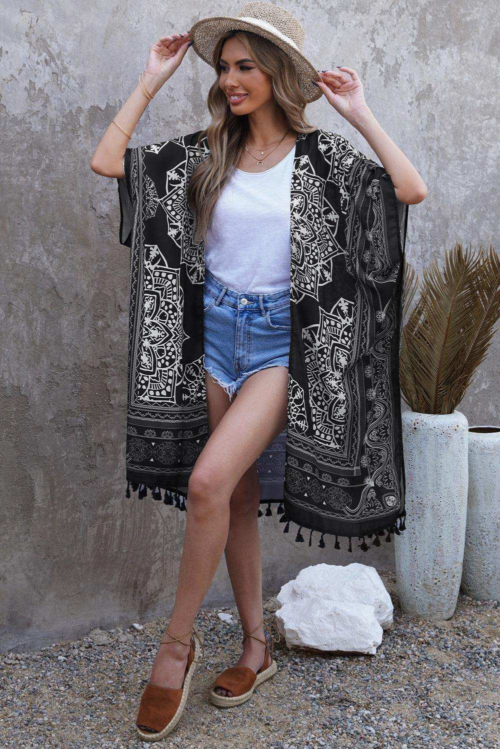 Printed Tassel Trim Open Front Cardigan - Trendsi - Flyclothing LLC