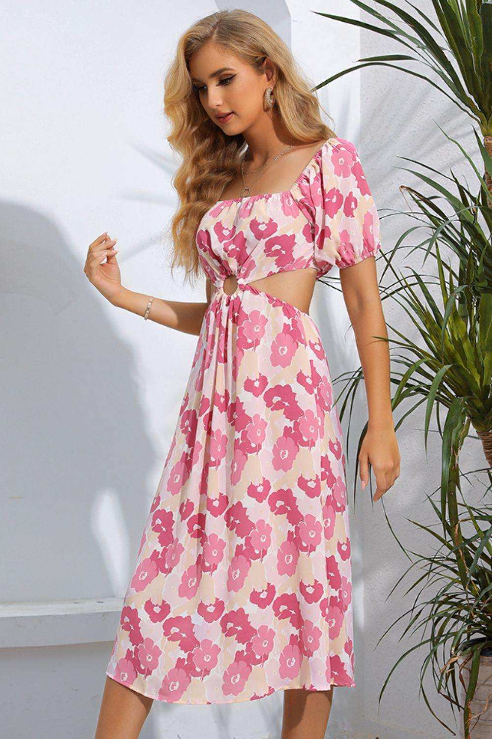 Floral Cutout Square Neck Puff Sleeve Dress - Trendsi - Flyclothing LLC