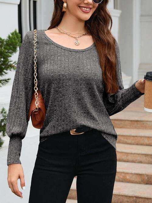 Ribbed Round Neck Lantern Sleeve Knit Top - Trendsi - Flyclothing LLC