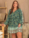Plus Size V-Neck Balloon Sleeve Printed Mini Dress - Trendsi - Flyclothing LLC
