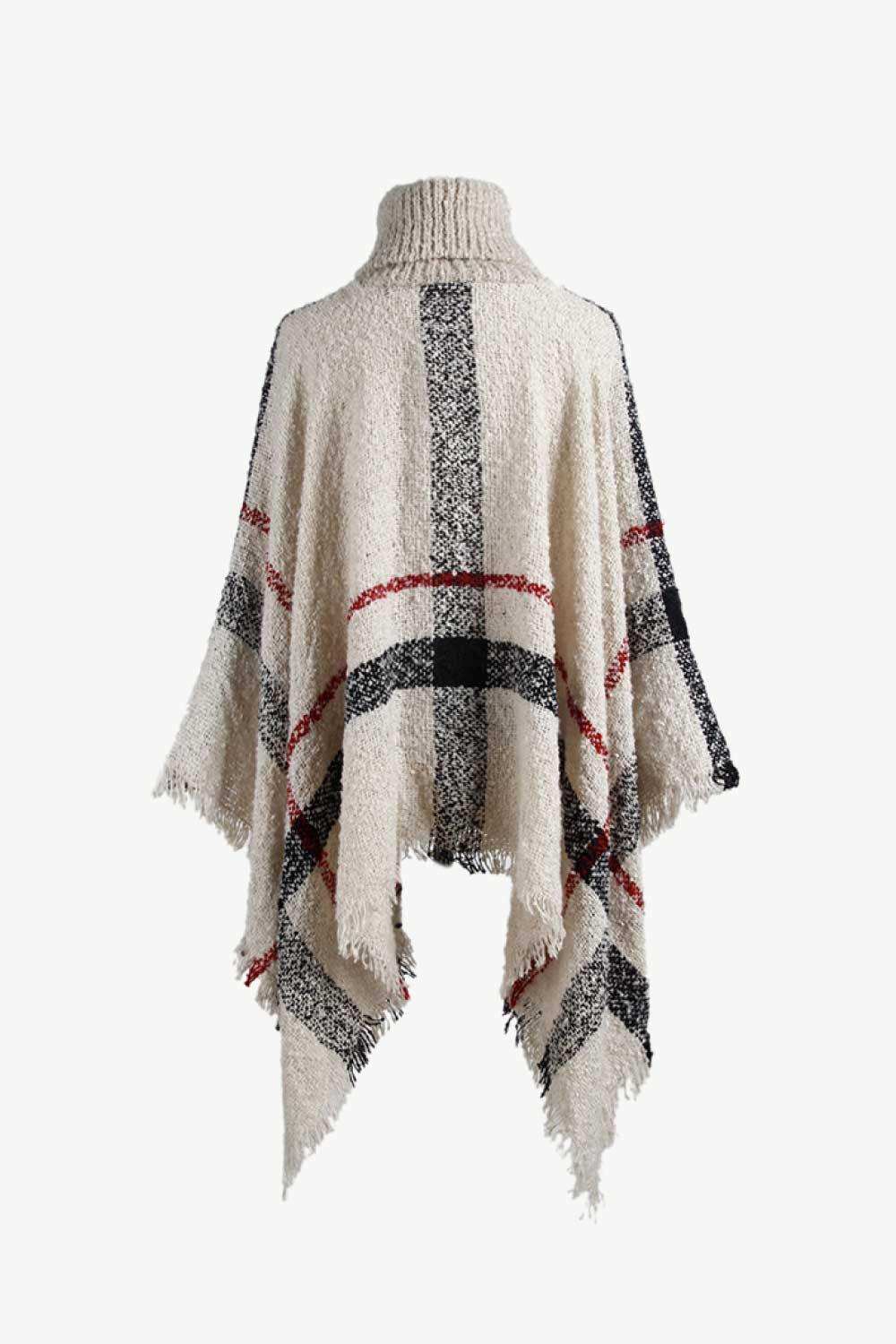 Plaid Turtleneck Raw Hem Poncho - Trendsi - Flyclothing LLC