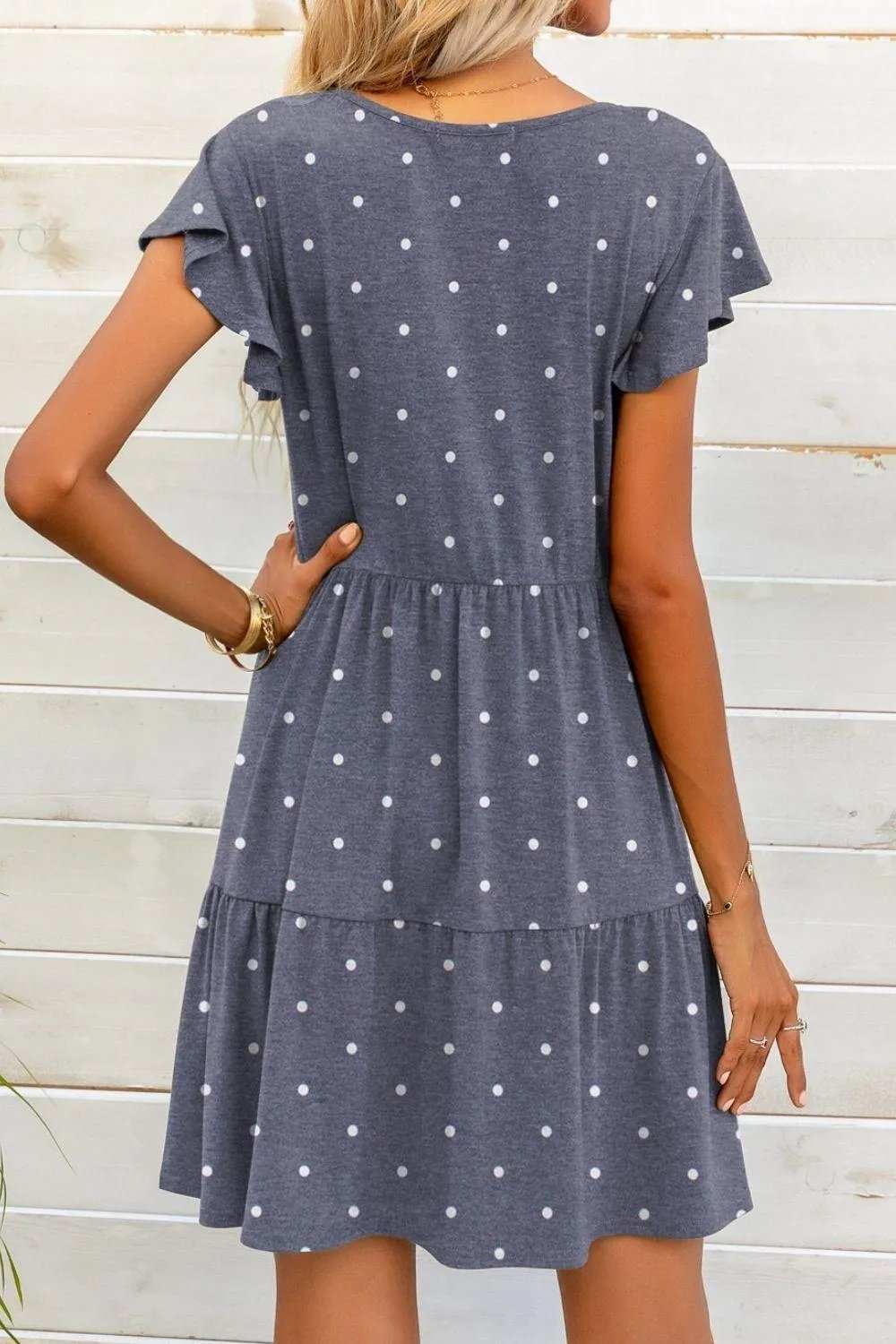 Polka Dot V-Neck Flutter Sleeve Mini Dress - Trendsi - Flyclothing LLC