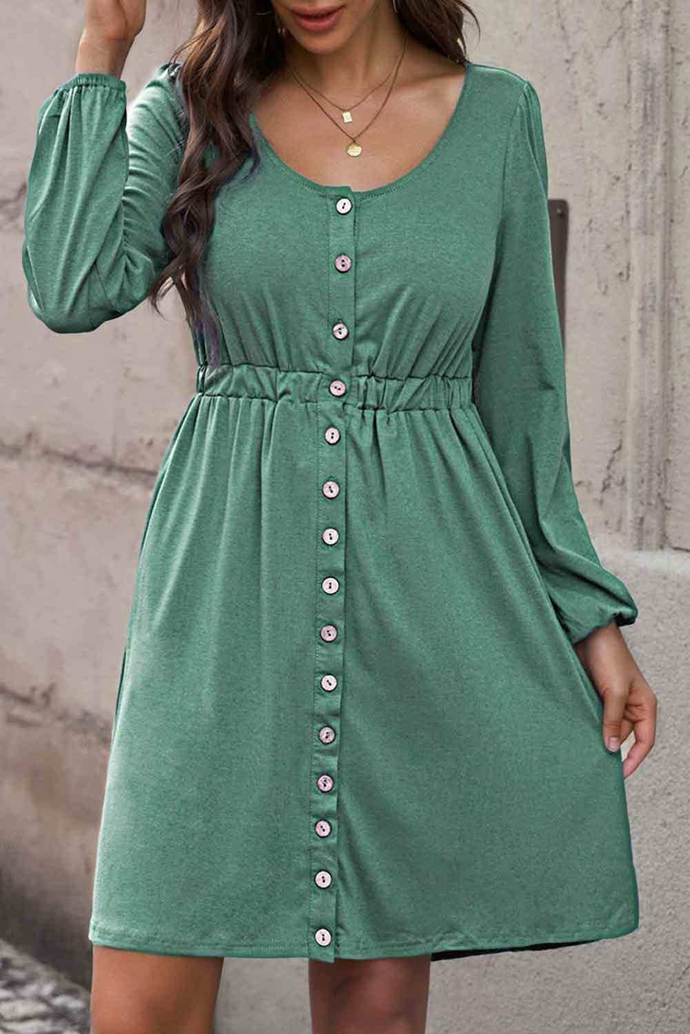 Scoop Neck Empire Waist Long Sleeve Mini Dress - Trendsi - Flyclothing LLC