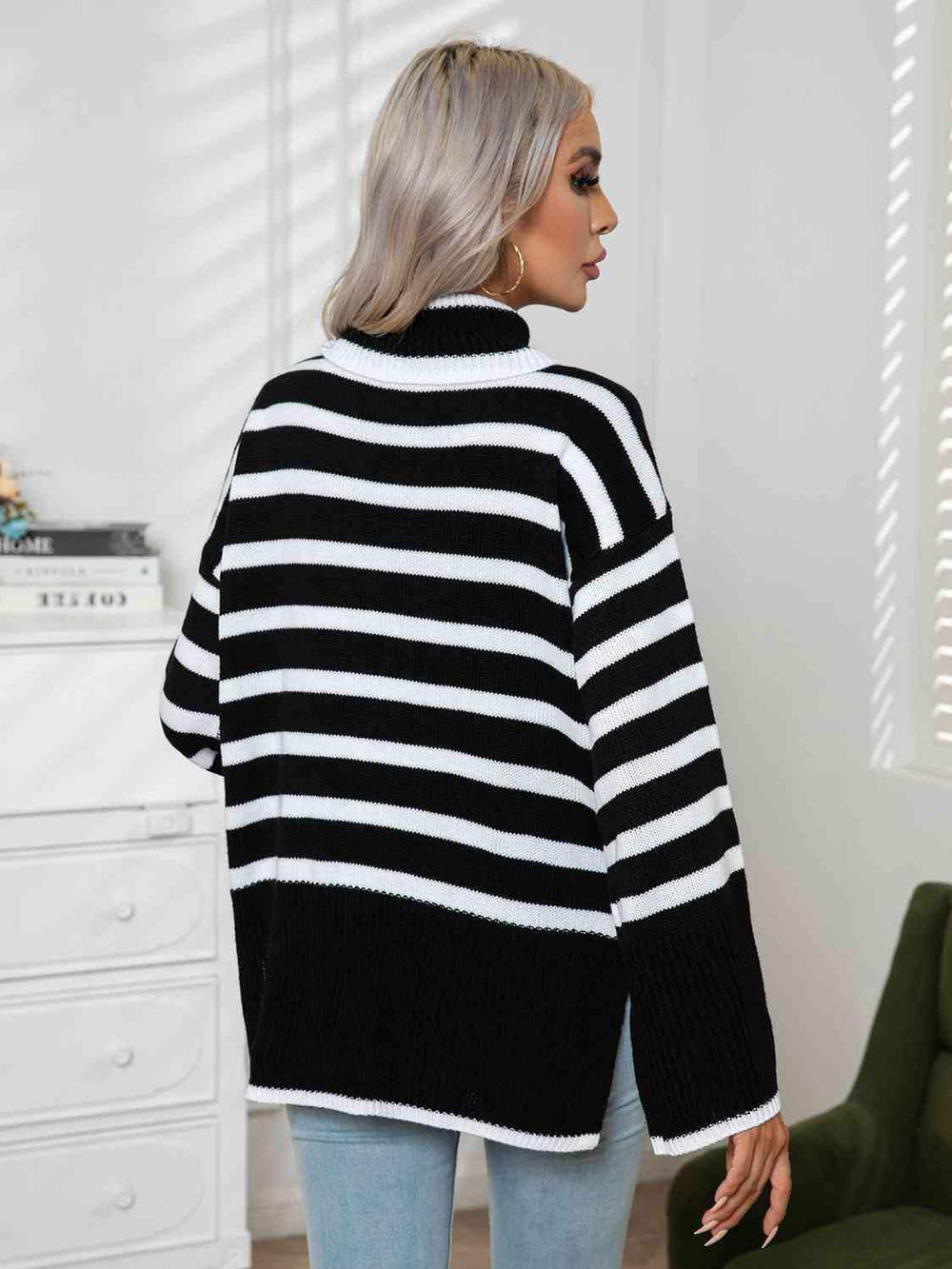 Striped Slit Turtleneck Drop Shoulder Sweater - Trendsi - Flyclothing LLC