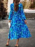 Printed V-Neck Long Sleeve Midi Dress - Trendsi - Flyclothing LLC