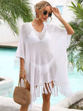 Fringe Trim Dolman Sleeve Openwork Cover-Up - Trendsi - Flyclothing LLC