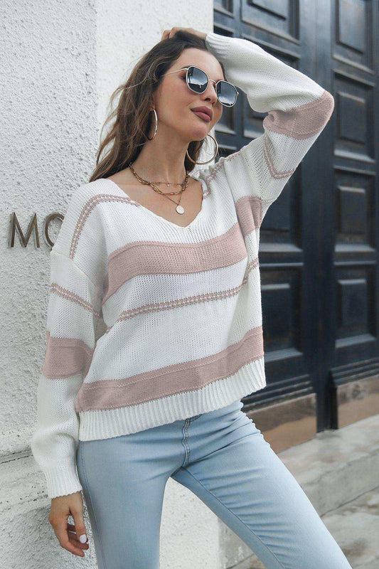 Striped V-Neck Drop Shoulder Sweater - Trendsi - Flyclothing LLC