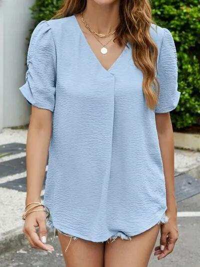 Ruched Short Sleeve V-Neck Blouse - Trendsi - Flyclothing LLC