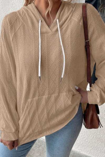 Textured Drawstring Kangaroo Pocket Hoodie - Trendsi - Flyclothing LLC
