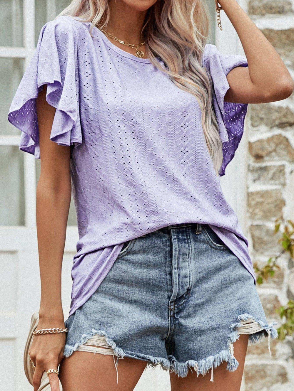 Round Neck Flutter Sleeve Blouse - Trendsi - Flyclothing LLC