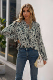 Printed Tie Neck Frill Trim Flounce Sleeve Blouse - Trendsi - Flyclothing LLC