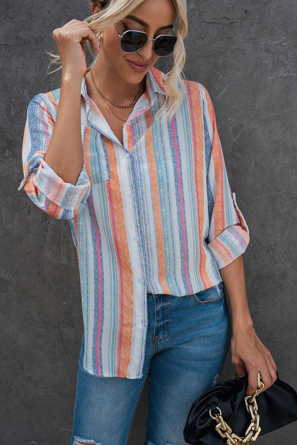 Striped Button-Up Curved Hem Shirt with Breast Pocket - Trendsi - Flyclothing LLC