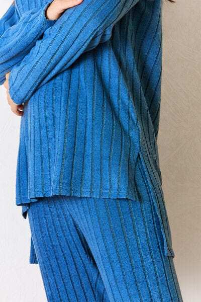 Basic Bae Full Size Ribbed Round Neck High-Low Slit Top and Pants Set - Trendsi - Flyclothing LLC