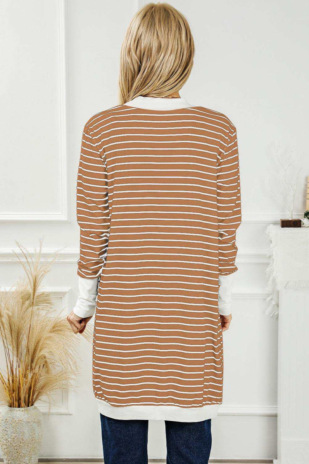 Striped Open Front Longline Cardigan - Trendsi - Flyclothing LLC