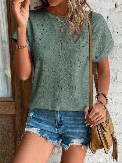 Eyelet Round Neck Short Sleeve T-Shirt - Trendsi - Flyclothing LLC