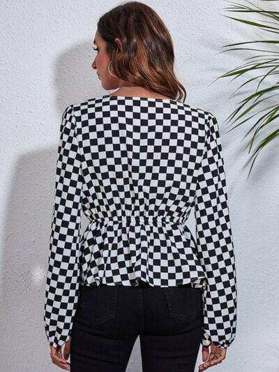 Checkered V-Neck Balloon Sleeve Peplum Blouse - Trendsi - Flyclothing LLC