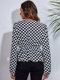 Checkered V-Neck Balloon Sleeve Peplum Blouse - Trendsi - Flyclothing LLC