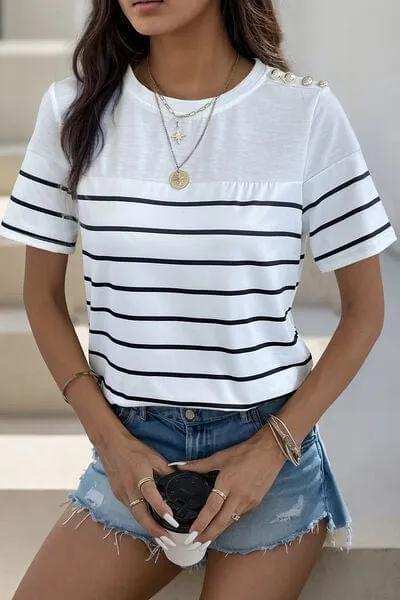 Decorative Button Striped Short Sleeve T-Shirt - Trendsi - Flyclothing LLC