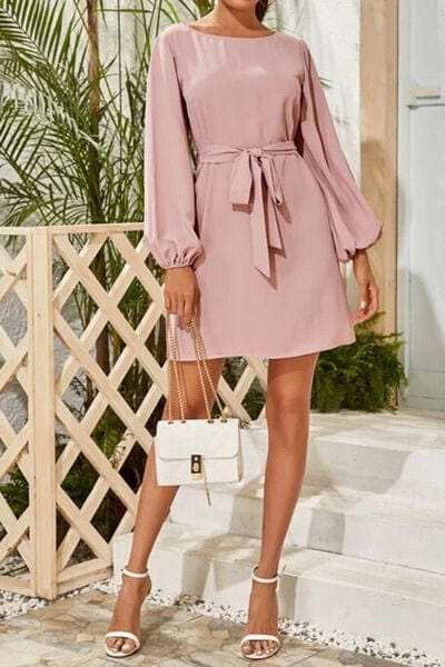 Tied Boat Neck Balloon Sleeve Mini Dress - Trendsi - Flyclothing LLC