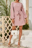 Tied Boat Neck Balloon Sleeve Mini Dress - Trendsi - Flyclothing LLC