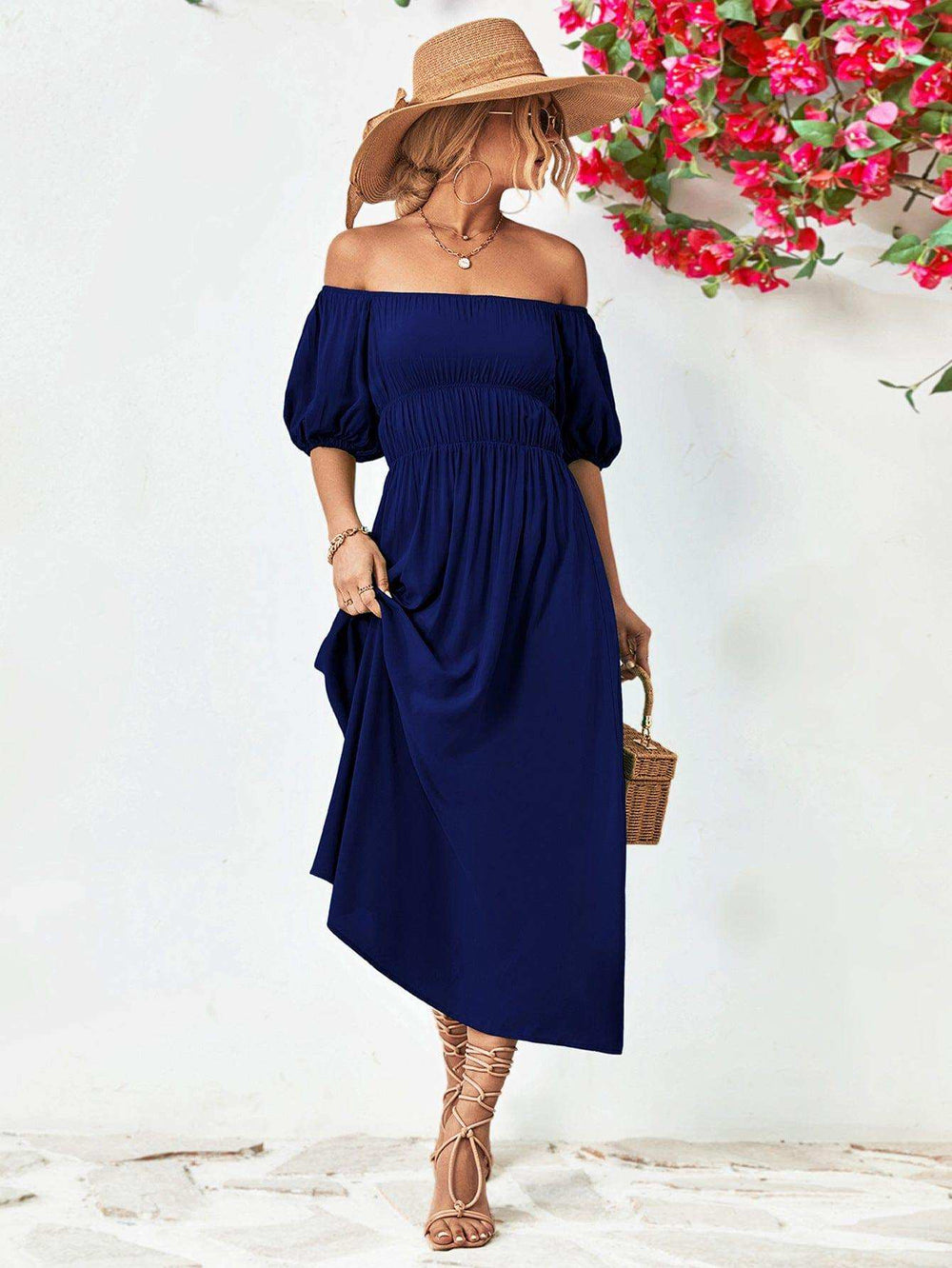 Off-Shoulder Balloon Sleeve Midi Dress - Trendsi - Flyclothing LLC