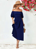 Off-Shoulder Balloon Sleeve Midi Dress - Trendsi - Flyclothing LLC