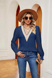 Contrast V-Neck Long Sleeve Blouse - Trendsi - Flyclothing LLC