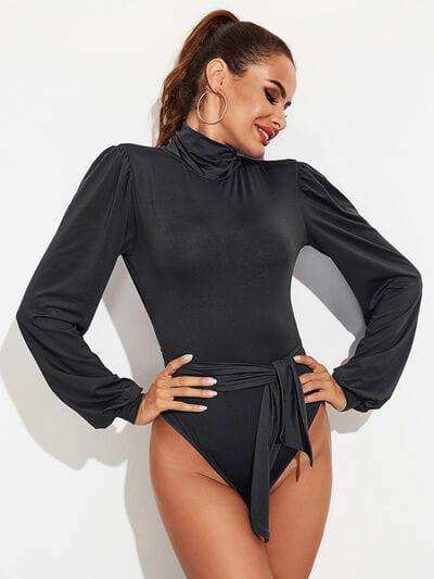 Backless Tie-Waist Turtleneck Lantern Sleeve Bodysuit - Trendsi - Flyclothing LLC