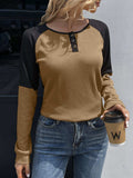 Contrast Buttoned Round Neck Raglan Sleeve Top - Trendsi - Flyclothing LLC