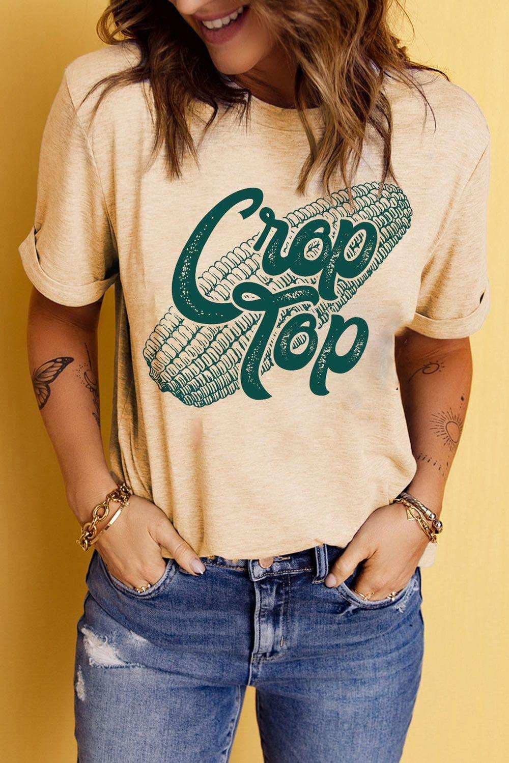 Corn Letter Graphic Cuffed Tee - Trendsi - Flyclothing LLC