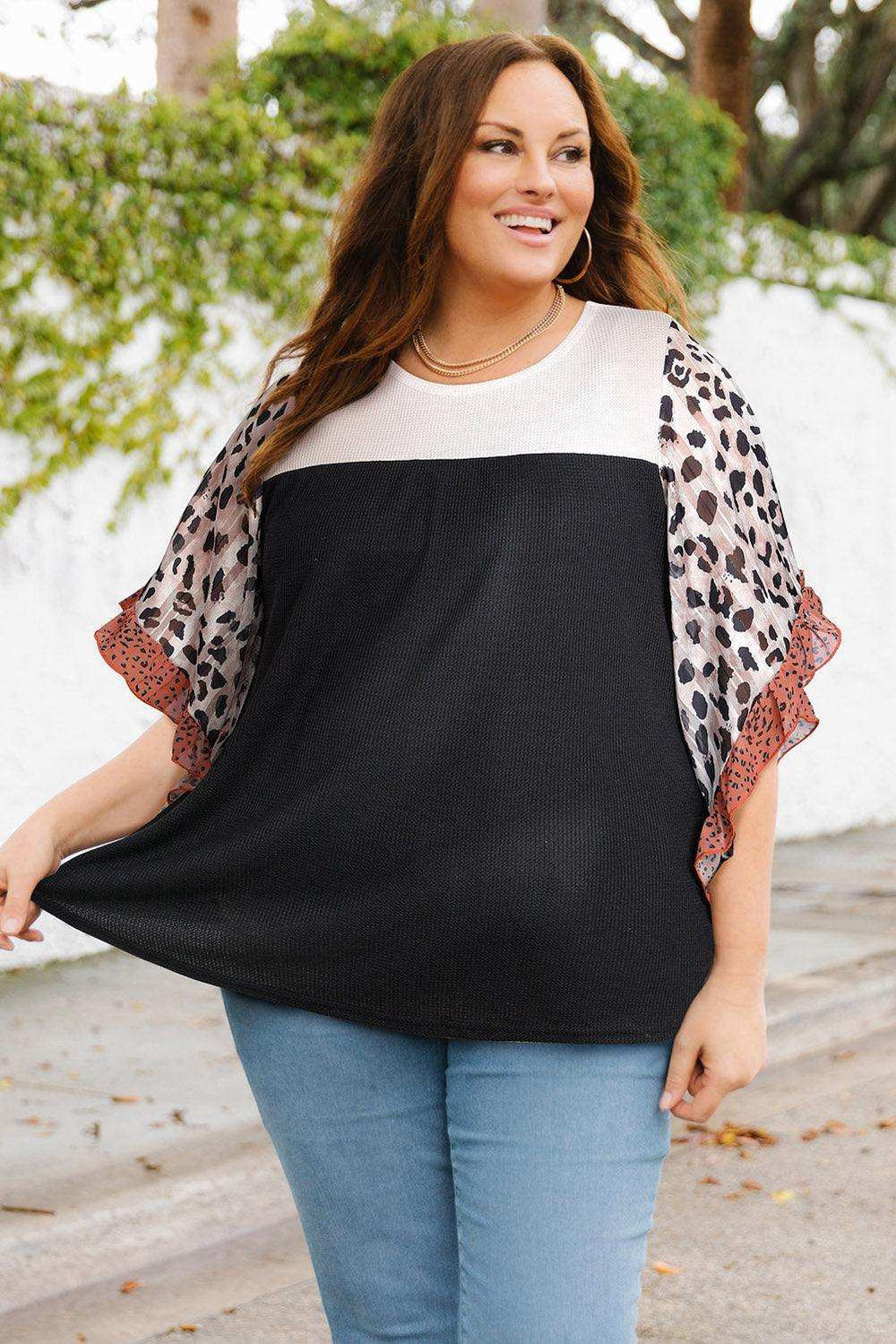 Plus Size Printed Color Block Ruffled Blouse - Trendsi - Flyclothing LLC