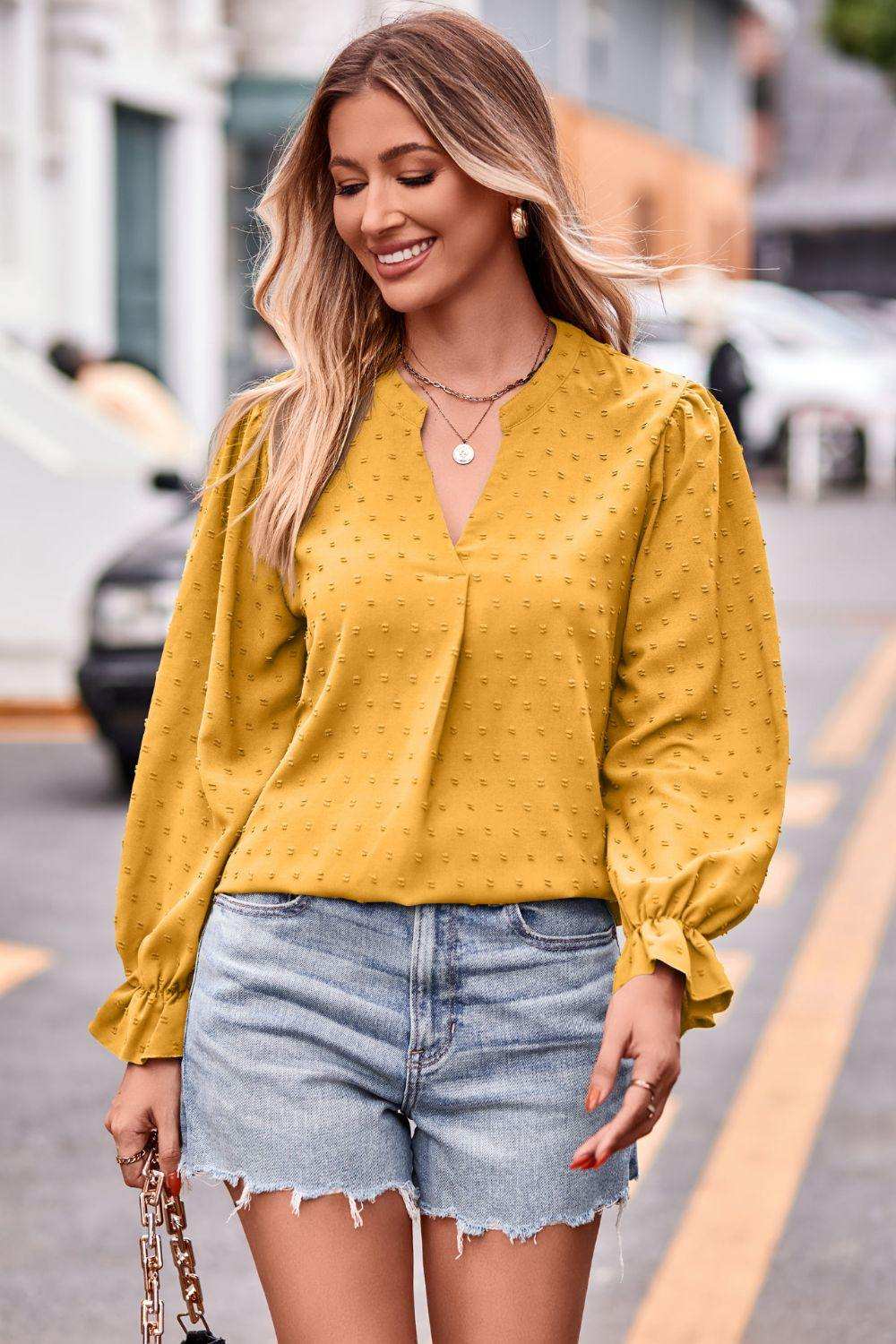 Swiss Dot Notched Neck Flounce Sleeve Blouse - Trendsi - Flyclothing LLC