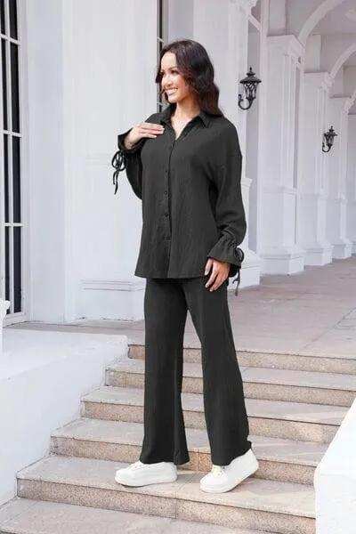 Drawstring Flounce Sleeve Shirt and Pants Set - Trendsi - Flyclothing LLC