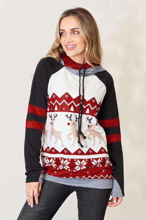 Double Take Full Size Christmas Drawstring Long Sleeve Hoodie - Trendsi - Flyclothing LLC