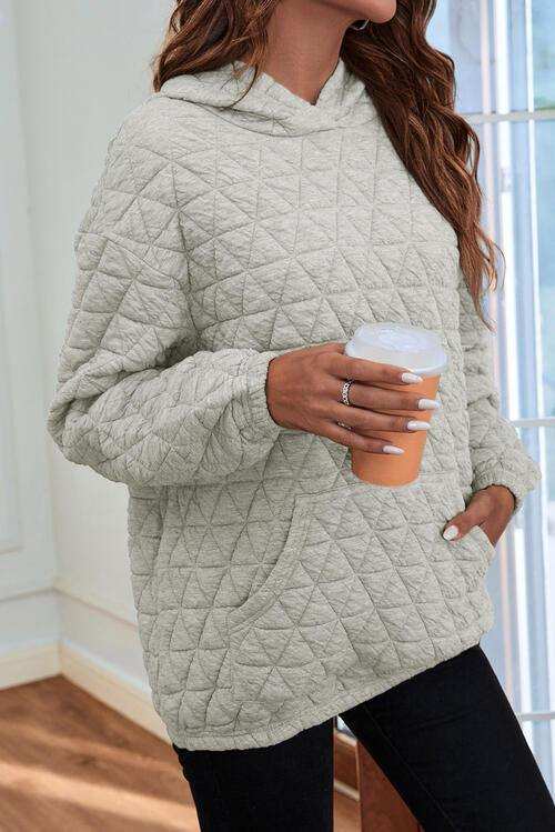 Quilted Long Sleeve Hoodie with Pocket - Trendsi - Flyclothing LLC