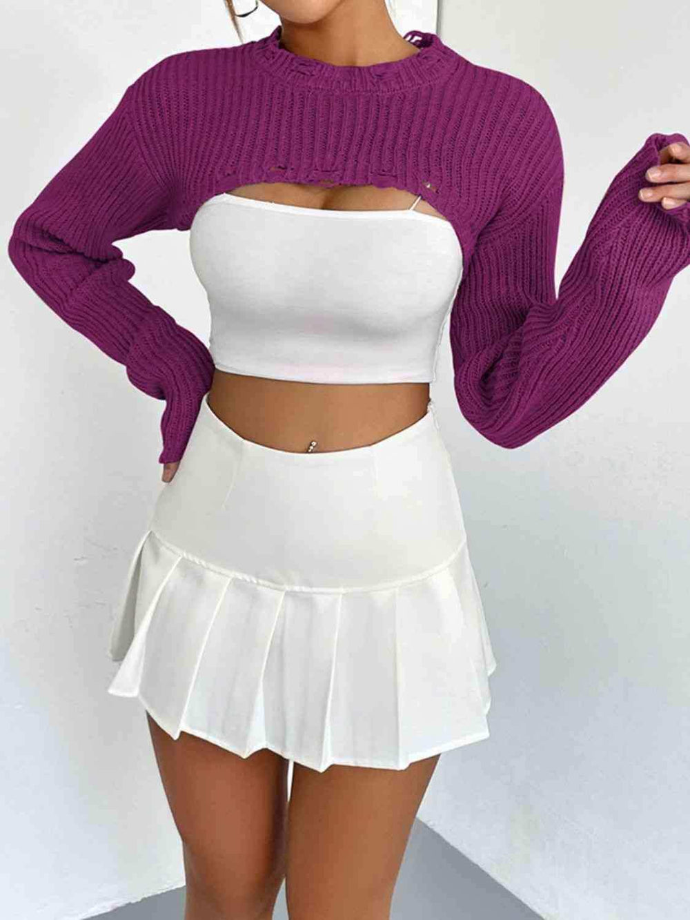Distressed Long Sleeve Cropped Sweater - Trendsi - Flyclothing LLC