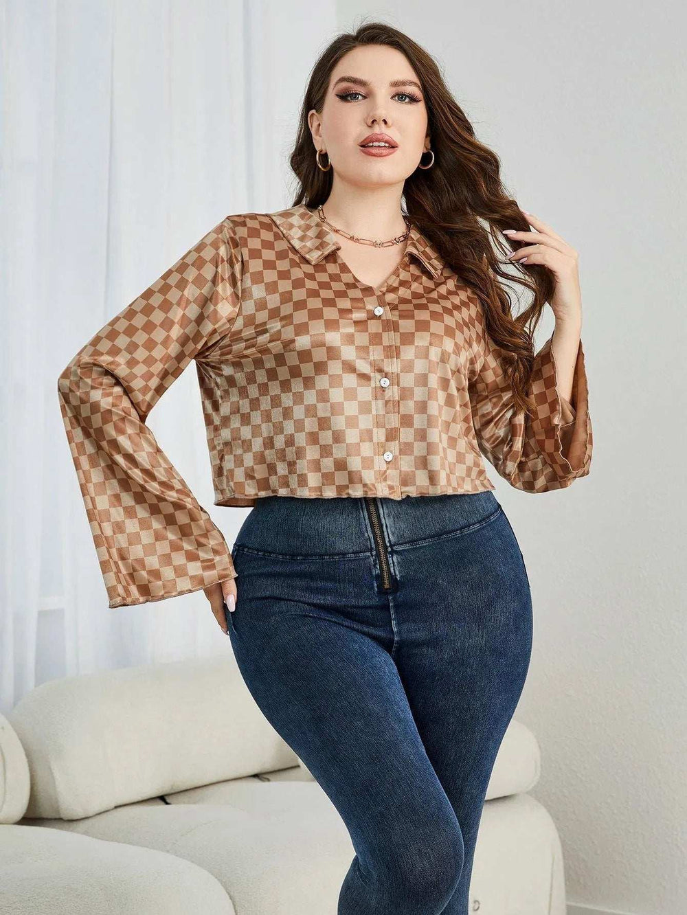 Plus Size Checkered Johnny Collar Flare Sleeve Shirt - Trendsi - Flyclothing LLC